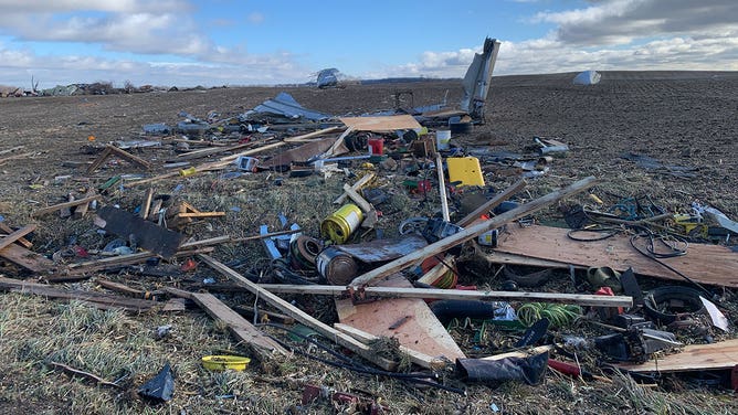 Damage is seen near Evansville, Wisconsin, after a tornado Feb. 8, 2024.