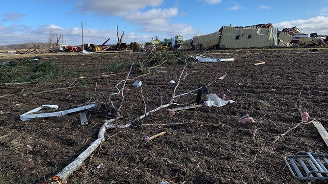 Damage is seen near Evansville, Wisconsin, after a tornado Feb. 8, 2024.