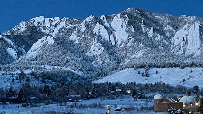 A view from the NWS office in Boulder of the snow covering the Flat Irons on Feb. 4, 2024. 