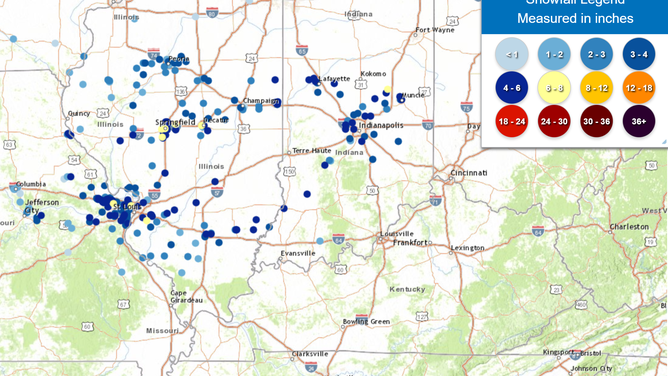 Snowfall accumulations in Midwest as of Friday evening