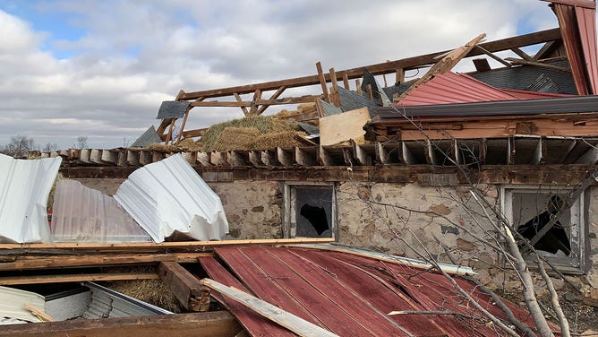 A building near Porter, Wisconsin, is seen damaged after a tornado Feb. 8, 2024.