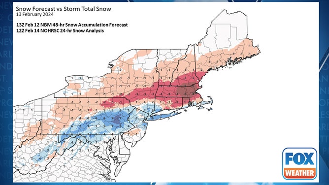 Nor'easter snow discrepancy map