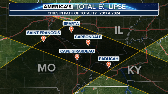 A map showing the cities in the path of totality in 2017 and 2024.