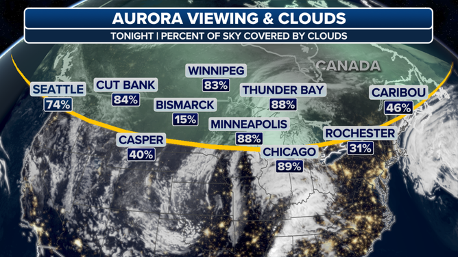 Cloud cover forecast across the U.S. for Monday night.