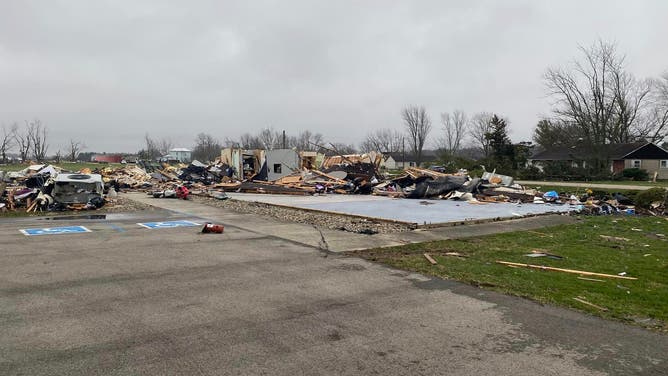 Debris from Freedom Life Church in Winchester, Indiana after an EF-3 tornado ripped through the church building. 