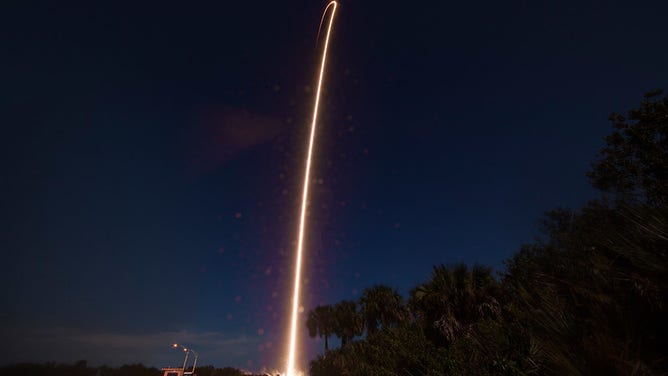 A SpaceX Falcon 9 rocket carrying the company's Dragon spacecraft is launched on NASA’s SpaceX Crew-8 mission to the International Space Station with NASA astronauts Matthew Dominick, Michael Barratt, and Jeanette Epps, and Roscosmos cosmonaut Alexander Grebenkin onboard, as seen in this composite of two 3 minute exposures, Sunday, March 3, 2024, at NASA’s Kennedy Space Center in Florida.