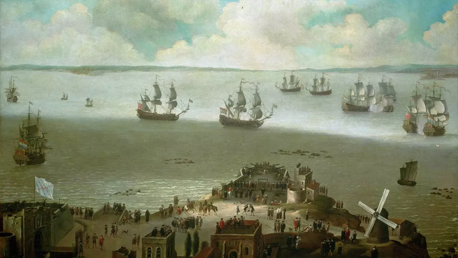 HMS 'Tyger' taking the 'Schakerloo' in the harbor of Cadiz, 23 February 1674.