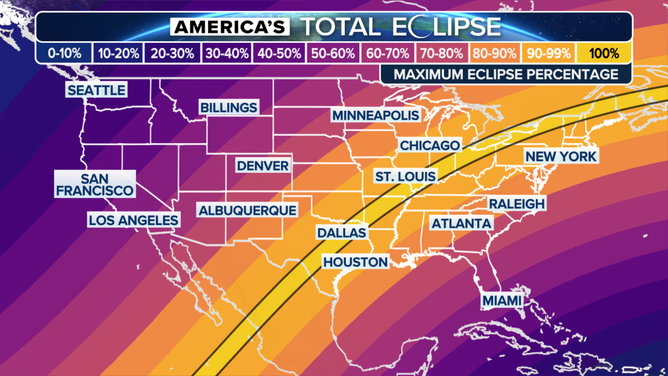 This graphic shows the path visibility during the total solar eclipse on April 8, 2024.