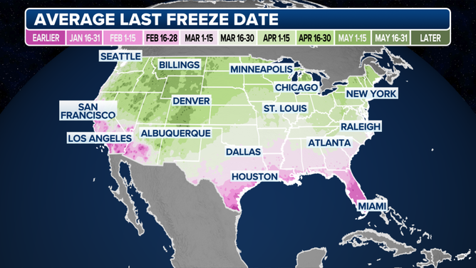 The colored contours indicate the average date of the season's last freeze (32 degrees or lower) based on the most recent 30-year climatological averages (1991-2020).