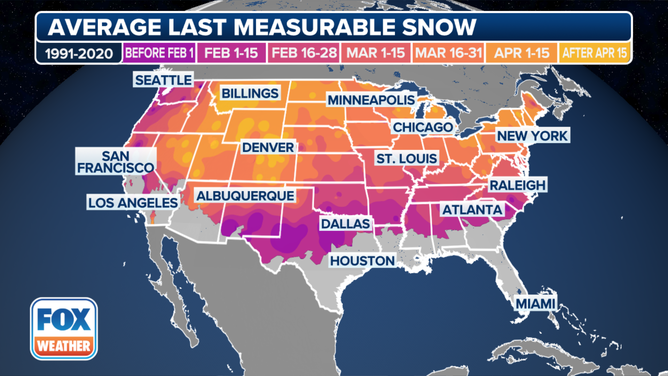 The colored contours indicate the average date of the season's last measurable snow (at least 0.1 inches) based on the most recent 30-year climatological averages (1991-2020).