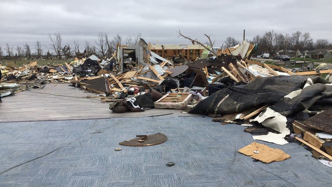 Small office building destroyed by an EF-3 tornado in Winchester, Indiana.