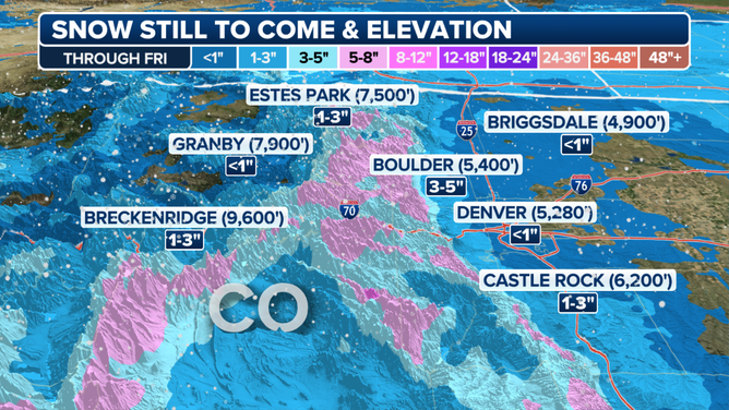 A look at the snow still to come in the higher elevations of the Rockies through Friday.