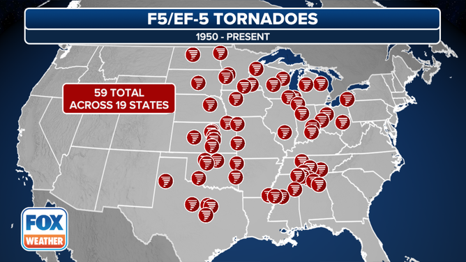 Each placemark denotes the location of a tornado that received a rating of EF-5/F-5 on the Fujita/Enhanced Fujita Scale. Only 59 twisters have been rated this intensity since 1950, of which all but 10 occurred in either April, May or June.