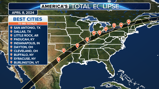 A map showing cities along the 2024 eclipse path of totality.