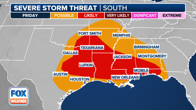 This graphic shows the severe weather threat on Friday, March 8, 2024.