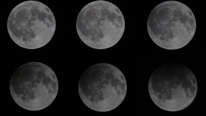 A combo photo shows the moon during penumbral lunar eclipse on May 6, 2023 in Yingkou, Liaoning Province of China.