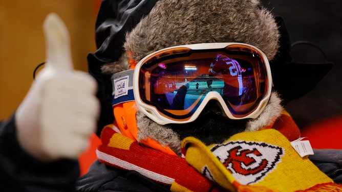 A Kansas City Chiefs fan gestures during the AFC Wild Card Playoffs between the Miami Dolphins and the Kansas City Chiefs at GEHA Field at Arrowhead Stadium on January 13, 2024 in Kansas City, Missouri.