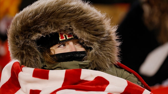 A Kansas City Chiefs fan looks on during the AFC Wild Card Playoffs between the Miami Dolphins and the Kansas City Chiefs at GEHA Field at Arrowhead Stadium on January 13, 2024 in Kansas City, Missouri.