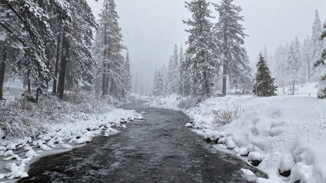 CALIFORNIA, USA - MARCH 1: A view of snow blanketed Truckee River in Truckee, California, United States on March 1, 2024 as blizzard warning issued for California's Sierra Nevada. (Photo by Tayfun Coskun/Anadolu via Getty Images)