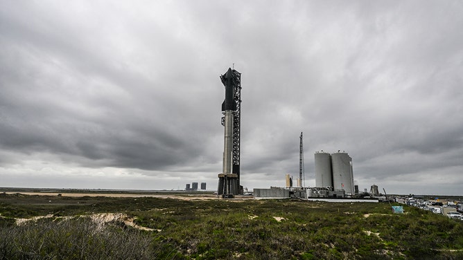 The SpaceX Starship is seen as it stands on the launch pad ahead of its third flight test from Starbase in Boca Chica, Texas on March 12, 2024.