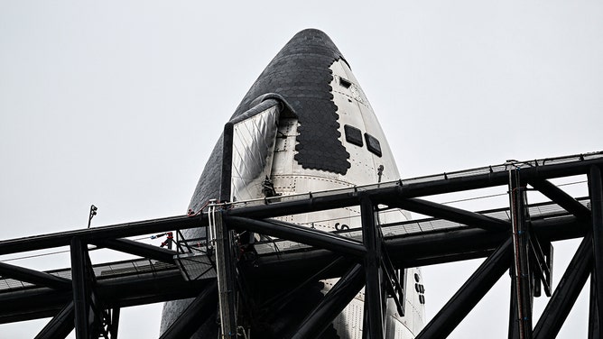 The SpaceX Starship is seen as it stands on the launch pad ahead of its third flight test from Starbase in Boca Chica, Texas on March 12, 2024.