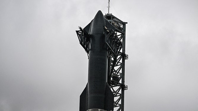 The SpaceX Starship is seen as it stands on the launch pad ahead of its third flight test from Starbase in Boca Chica, Texas on March 12, 2024.