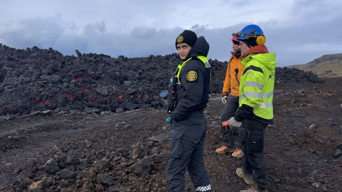 Emergency services are seen near to the site of the volcanic eruption on March 17, 2024 in Grindavik, Iceland. The Icelandic Meteorological Office confirmed a volcanic eruption started between Stora Skogfell and Hagafell on Saturday evening, the fourth time since December. 