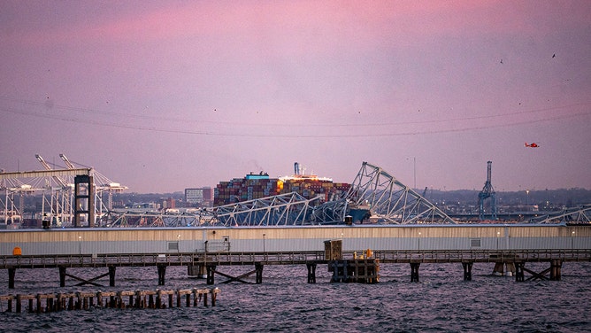 The Dali container vessel after striking the Francis Scott Key Bridge that collapsed into the Patapsco River in Baltimore, Maryland, US, on Tuesday, March 26, 2024.
