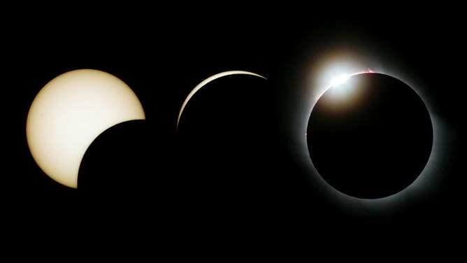 A composition of three images showing the partial stages of the eclipse, finishing with the spectacular Baily's Beads just moments before totality.
