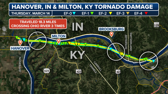 A map of a storm survey conducted by the National Weather Service showed that the twister that began in Hanover, Indiana, on March 14, 2024, crossed the Ohio River three times.