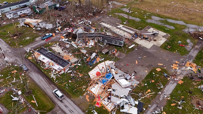 Tornado damage scene around Indian Lake Friday morning in Logan County, Ohio