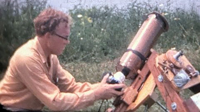 Laverne Biser sets up his equipment to view a total solar eclipse in Prince Edward Island, Canada, in 1972.