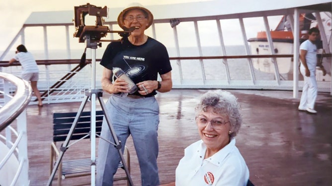 Laverne and Marion Biser prepare to witness a total solar eclipse in 1988 near Bali.