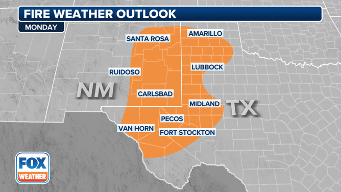 This graphic shows the fire weather outlook on Monday, March 4, 2024.
