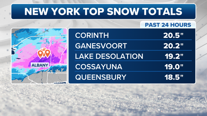 Top snowfall totals in New York through Saturday, March 23, 2024.