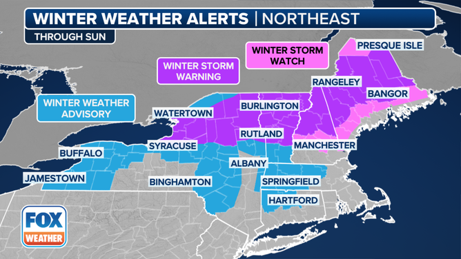This graphic shows Winter Storm Watches in effect in the Northeast
