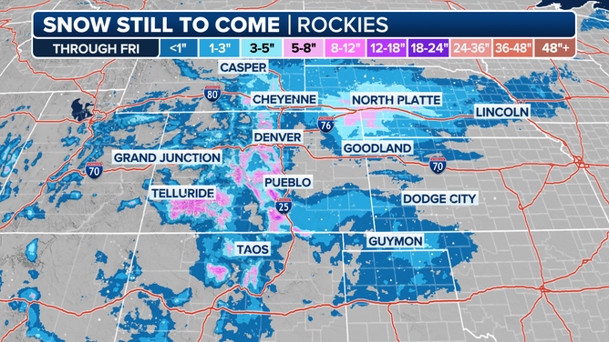 A look at the snow still to come in the Rockies through Friday.