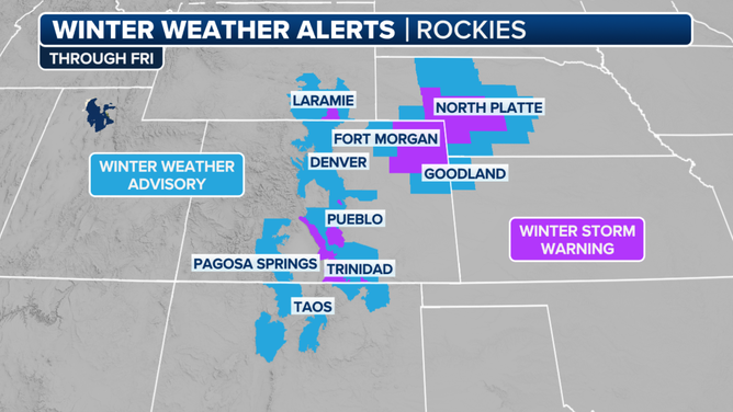 Winter weather alerts are posted in the Rockies through Friday.