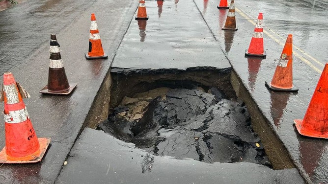 A portion of 1st Ave was closed from Nutmeg to Maple St. in San Diego, California's Little Italy neighborhood due to a section of the road that collapsed on Saturday, March 30, 2024.