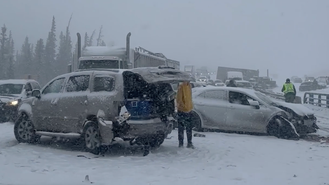 Pileup on Highway 1 near Calgary, Canada. Feb. 29, 2024.