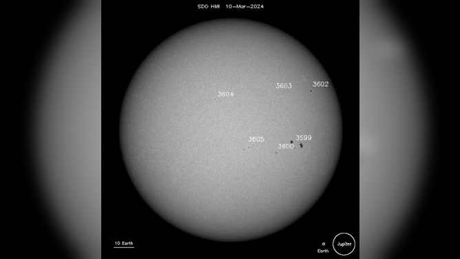 Sunspots seen in the active region 3599 of the Sun in this NASA SOHO image taken on March 10, 2024.