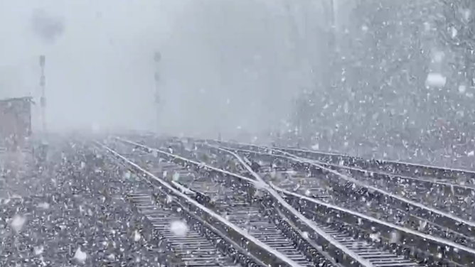 Heavy snow falling on the train tracks in Churchville, New York on Sunday, March 10, 2024. (Image: joey_frascati/X)