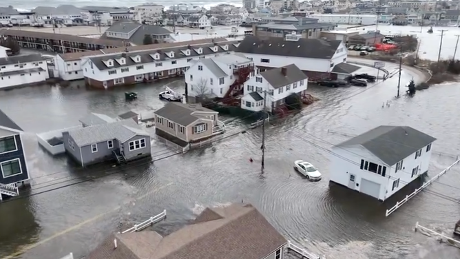 A screenshot from drone video shows significant coastal flooding in Hampton Beach, New Hampshire on Sunday, March 10, 2024.