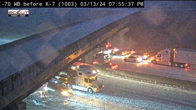 Traffic halted on Interstate 70 in western Missouri due to hail.