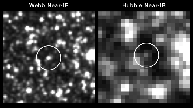 At the center of these side-by-side images is a special class of star used as a milepost marker for measuring the universe’s rate of expansion – a Cepheid variable star.