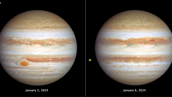 The giant planet Jupiter, in all its banded glory, is revisited by NASA's Hubble Space Telescope in these latest images, taken on January 5-6, 2024, capturing both sides of the planet.