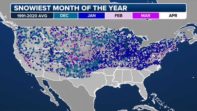 Colored dots indicate which month is the snowiest based on the most recent 30-year climatological averages (1991-2020).