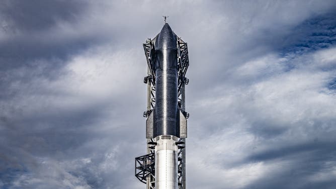The SpaceX Starship and Super Heavy booster stacked for launch in Boca Chica, Texas on March 12, 2024 ahead of SpaceX's third test flight with the mega rocket.