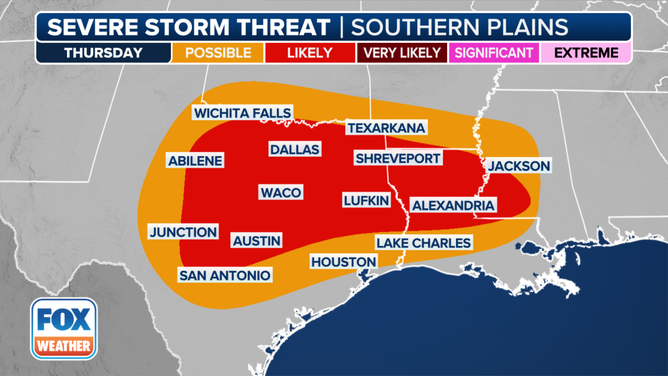 This graphic shows the severe weather threat on Thursday, March 7, 2024.