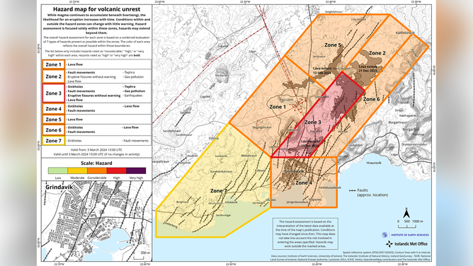 This graphic shows the updated volcanic hazard risk assessment on March 3, 2024.